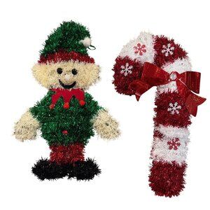 Christmas Retro Elf Door Wall Hanging Tinsel Decor 15”H and Candy Cane 14”H